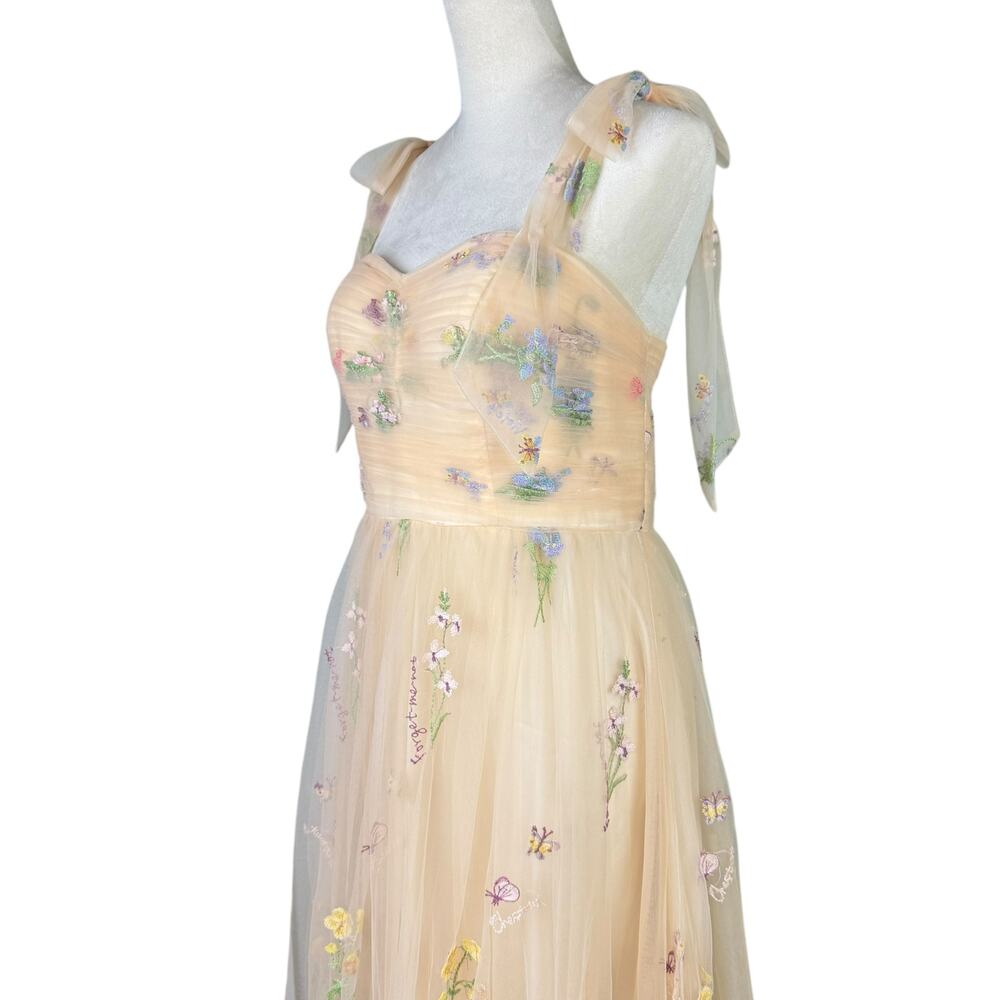 Neutral Cream Tulle Tie Straps Long A Line Flower Embroidered Prom Formal Dress - Picture 6 of 13